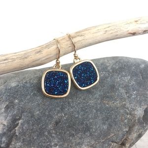 14K gold/sterling Blue Druzy Square Earrings